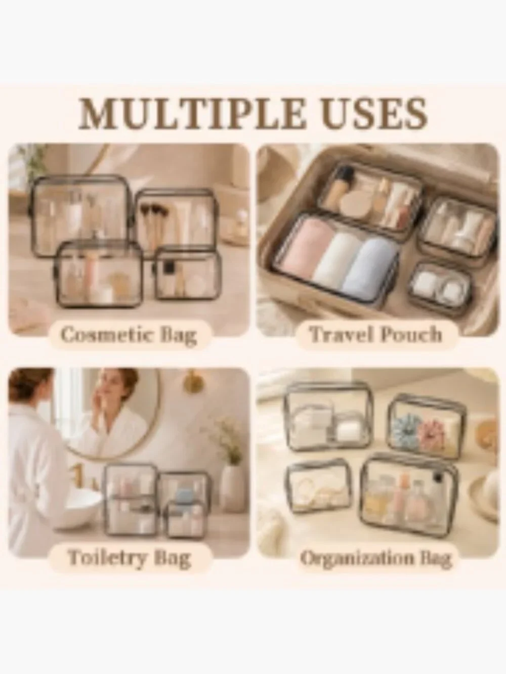 TSA Approved Clear Makeup Bag Set of 4 Waterproof PVC Travel Cosmetic Pouch